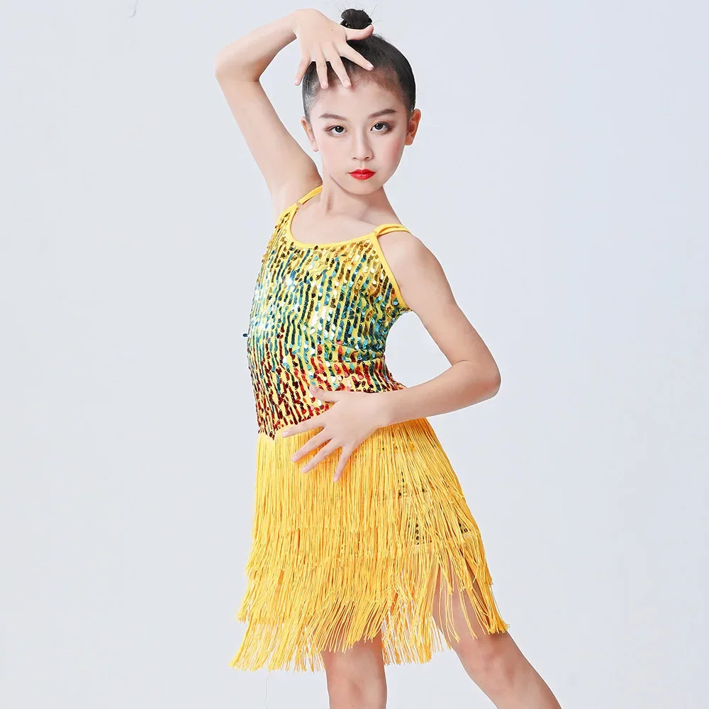 

Children Dance Dress One Piece Latin Dresses for Girls Fringe Ballroom Latin Dress for Girls Sequins New Arrival