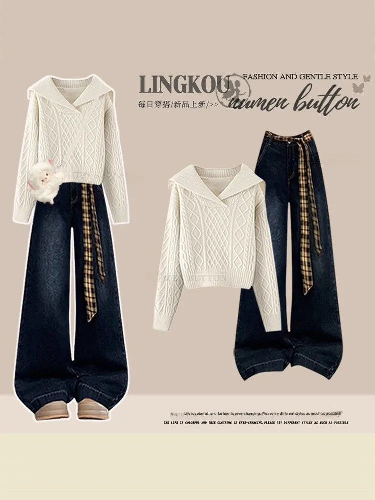 

Vintage Naval Collar Knitwear And Wide Leg Jeans Women's College Sle Anti Aging Spring Autumn Set Casual High Waist Trousers