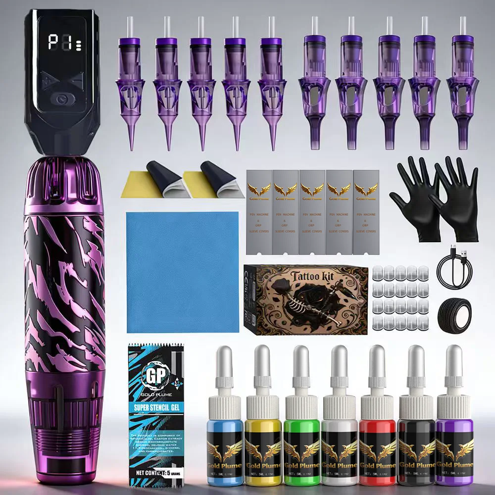 

Wireless metal tattoo pen machine set, premium tattoo gun with a portable power bank. Equipped with 10 mixed tattoo needles, 8-color tattoo ink and complete accessories. An all-round ideal tattoo supply set for beginne