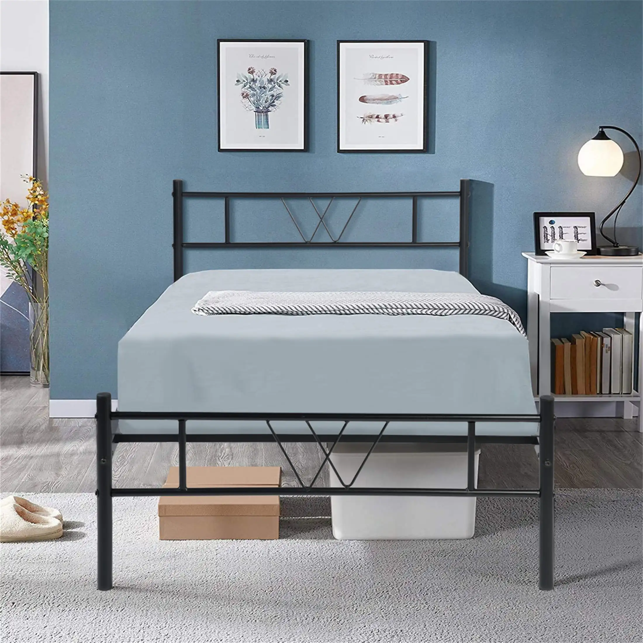 

Metal Platform Bed Frame with Headboard and Footboard for Kids Teens Black bedroom furniture