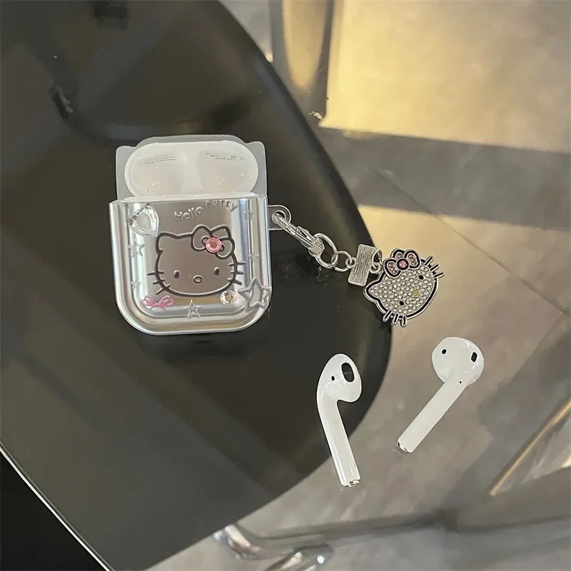 

Hello Kitty Silver Star Plating TPU Protective Shockproof Earphone Cover With Keychain For Airpods 4 Case 2024 For Girls Women