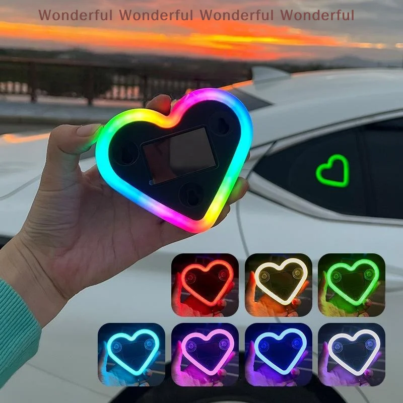 

500mAh Solar/USB-C Rechargeable LED Ambient Light, Heart-shaped Neon Car Lamp with Window Suction Cup
