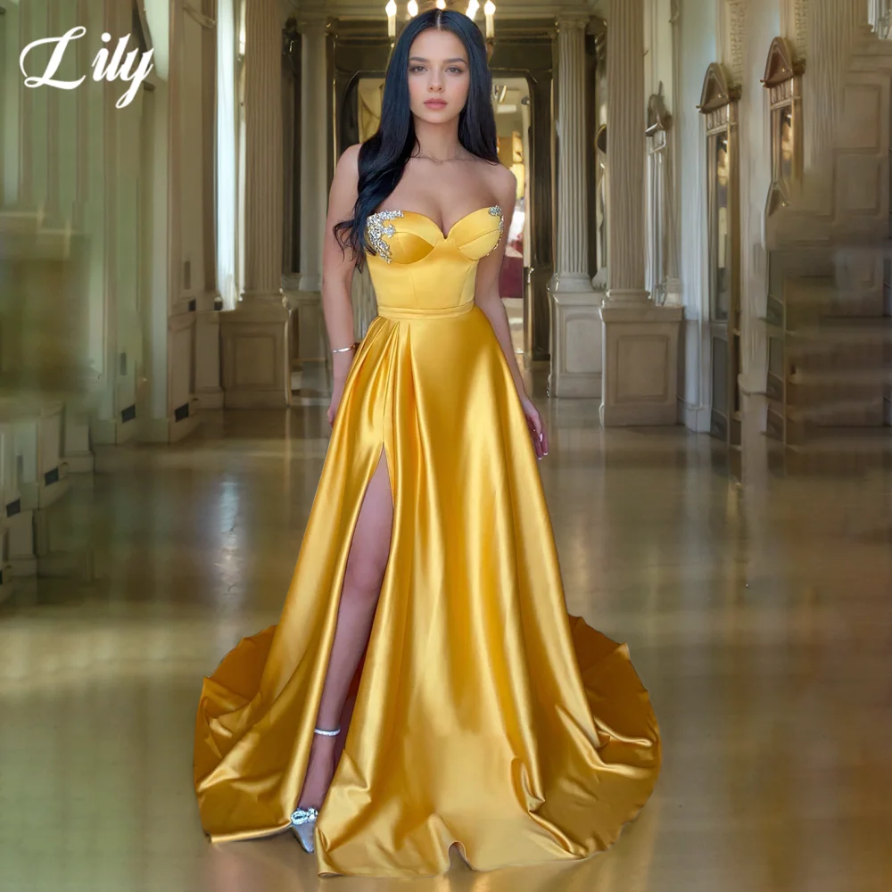 Lily Yellow Elegant Prom Dress Sweetheart Backless Prom Gown with Sequins Satin Side High Split Evening Dress 프롬 드레스 Customized