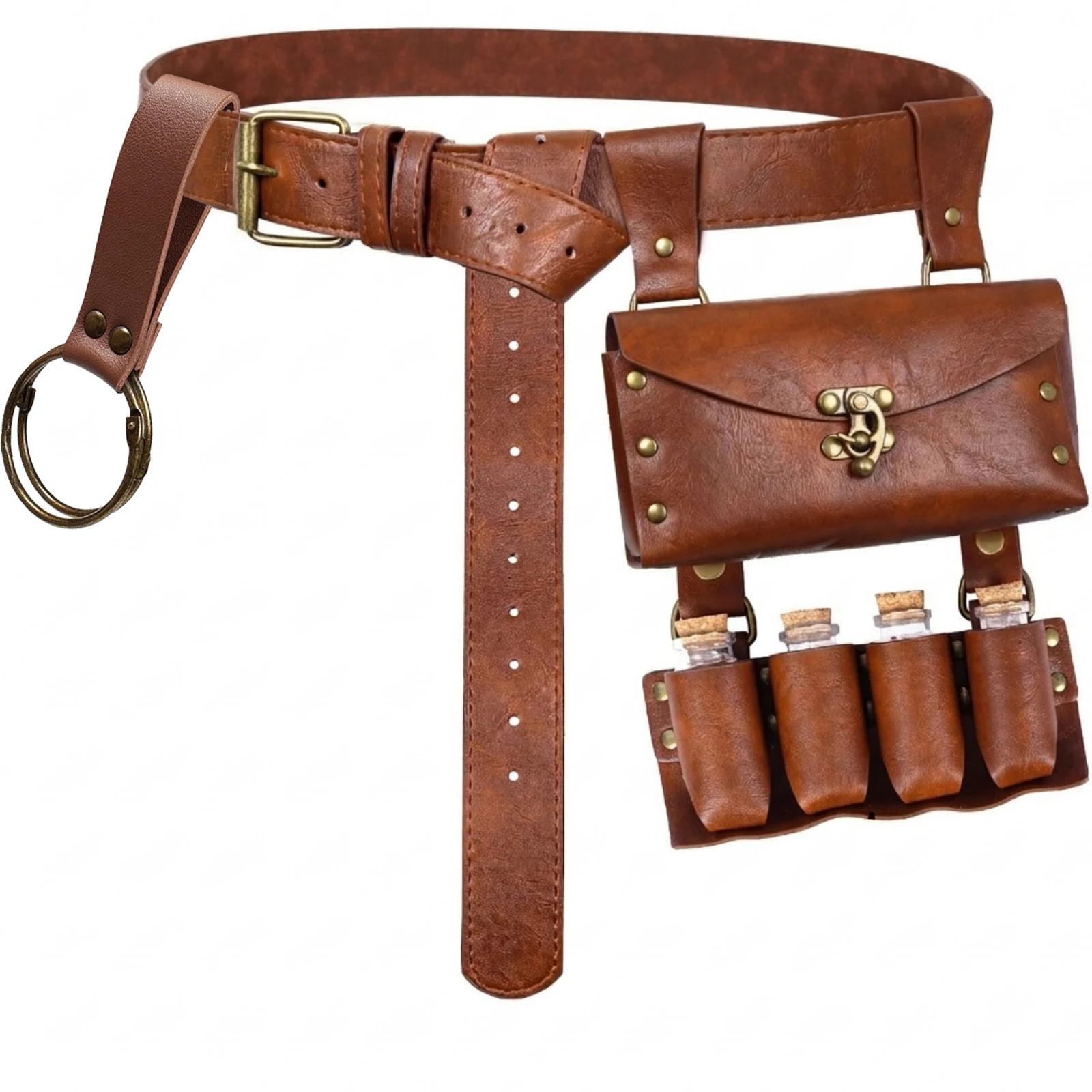 3pcs Medieval Viking Leather Belt Set Vintage Fanny Pack with Cork Potion Bottle Skirt Clip for Ren Faire Halloween Cosplay Party