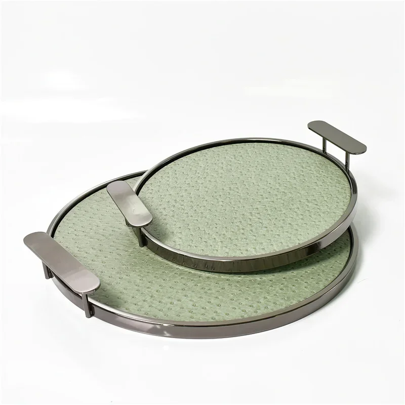 Decorative Metal Leather Presentation Tray Large Green Round Handle Storage Jewelry Makeup Organizer Tray Home Decoration