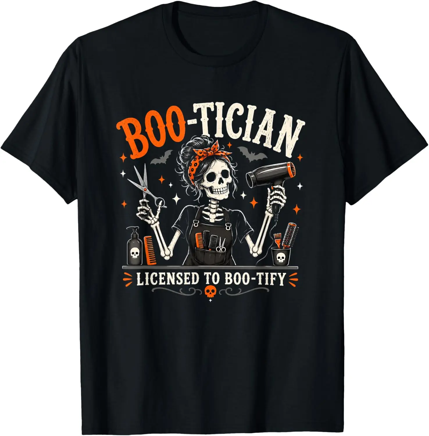 Boo-Tician Halloween Hair Stylist Skeleton Hairstylist T-Shirt Premium heavyweight pure cotton—stylish, versatile, and unisex; a perfect Christmas gift suitable for year-round wear.