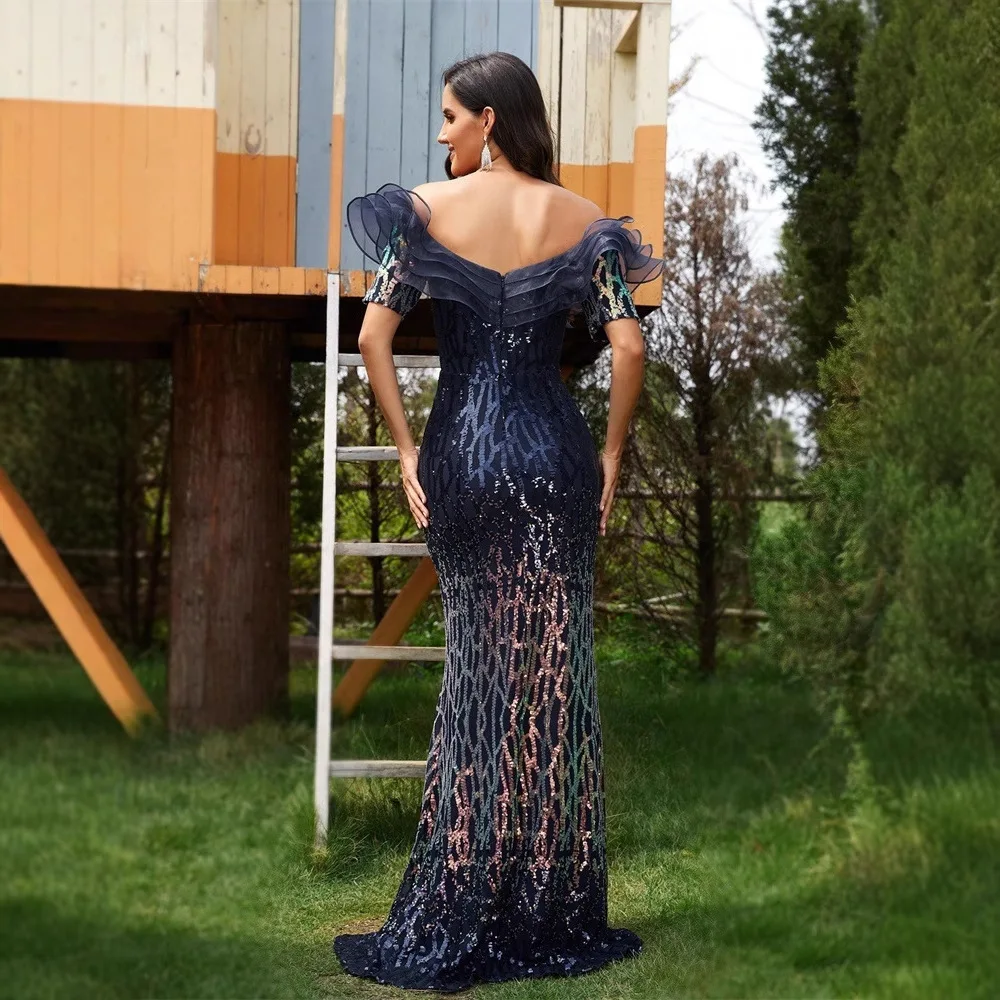 European and American New Sequined Lotus Leaf Evening Dress Banquet Cold-Shoulder Elegant Fishtail Dress Long Toast Dress