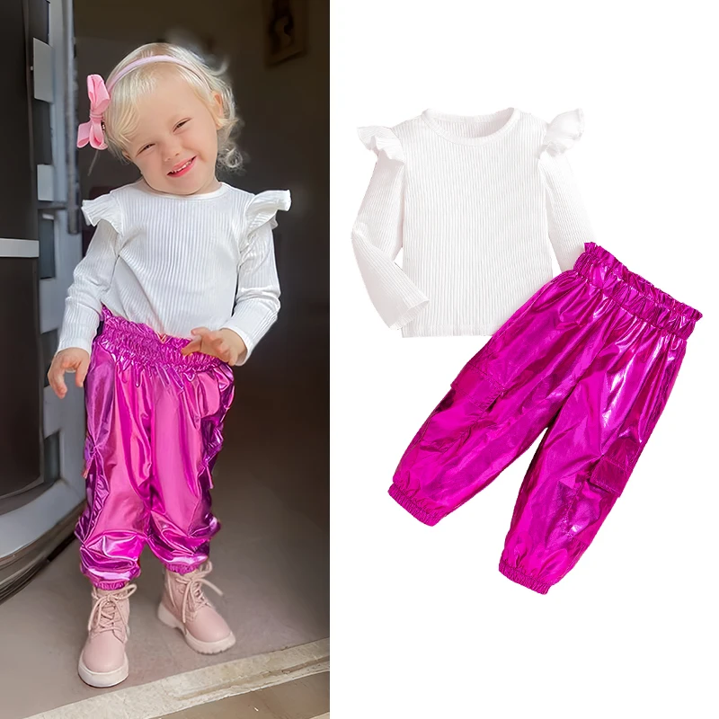 

Kids Girls Sets Fashion Party Clothes Long Sleeve Tops +Glossy Metallic Pants Hip Hop Streetwear Autumn Girl Sweatpant Set 2-7Y