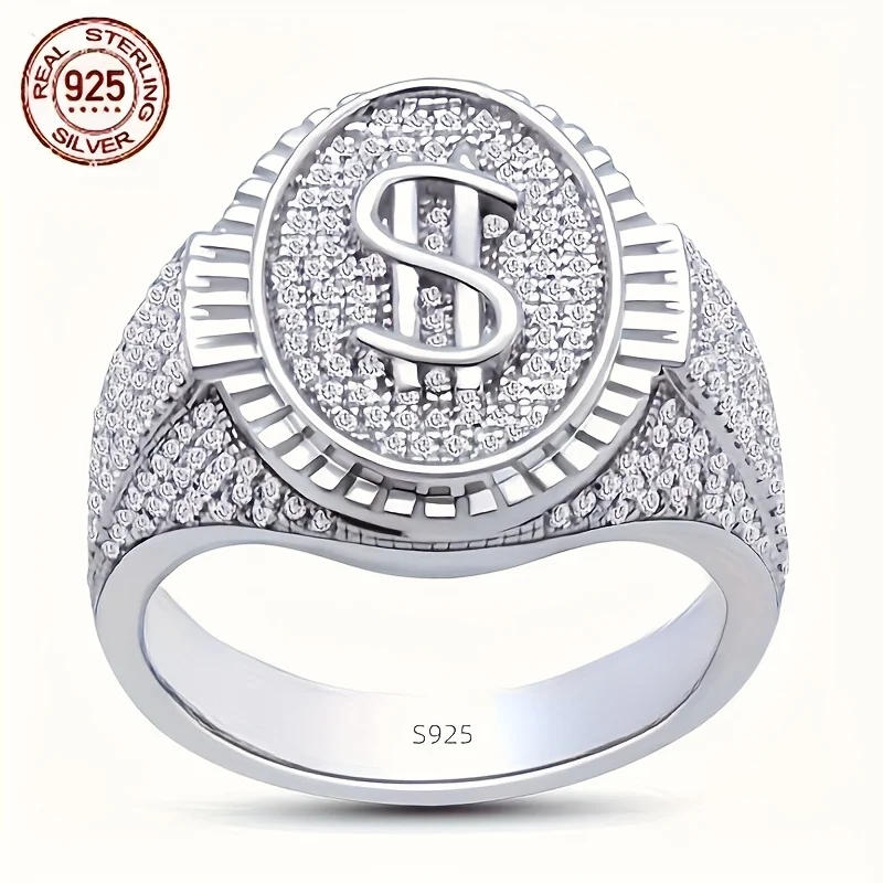 

Mens Micro Pave Dollar Sign Wedding Ring in 925 Sterling Silver Sparkling Icy Out Hip Hop Rapper Rings Vintage Party Jewelry