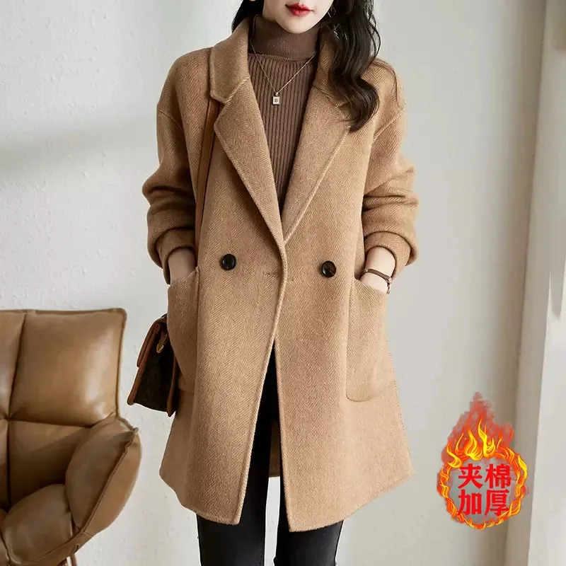 New Women's Korean Woolen Coat Autumn Winter Plus Cotton Thicke Warm Long Woolen Jacket Female Word Grain Windproof Outerwear