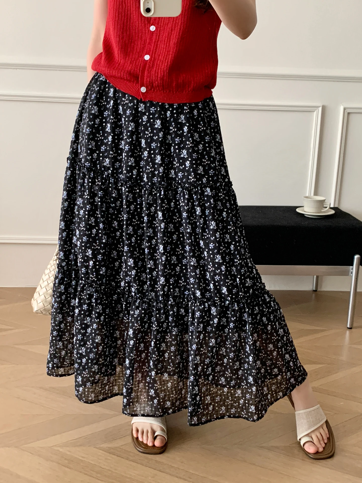

Black Floral Cake Half Skirt Spring Summer New Korean Style High Waist A-Line Umbrella Skirt Mid-Length Slimming Versatile