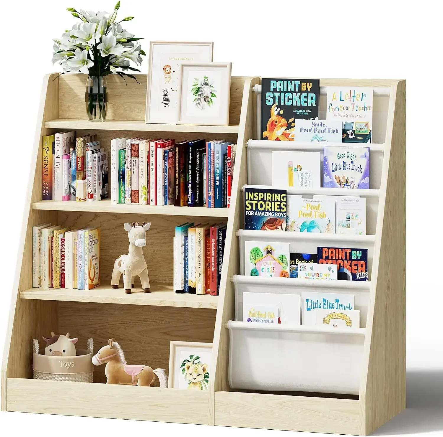 4 Tier Kids Wooden Bookshelf,Five Layer Sling Children Bookcase,Baby Storage Book Rack,Book and Toy Organizer Cabinet Chest