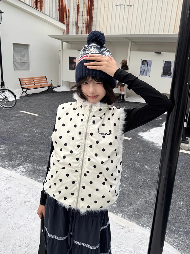 

URKR American Polka Dot Fluffy Women's Vest Double-Sided Wearable Stand Collar Svel Outerwear Warm Korean Trend