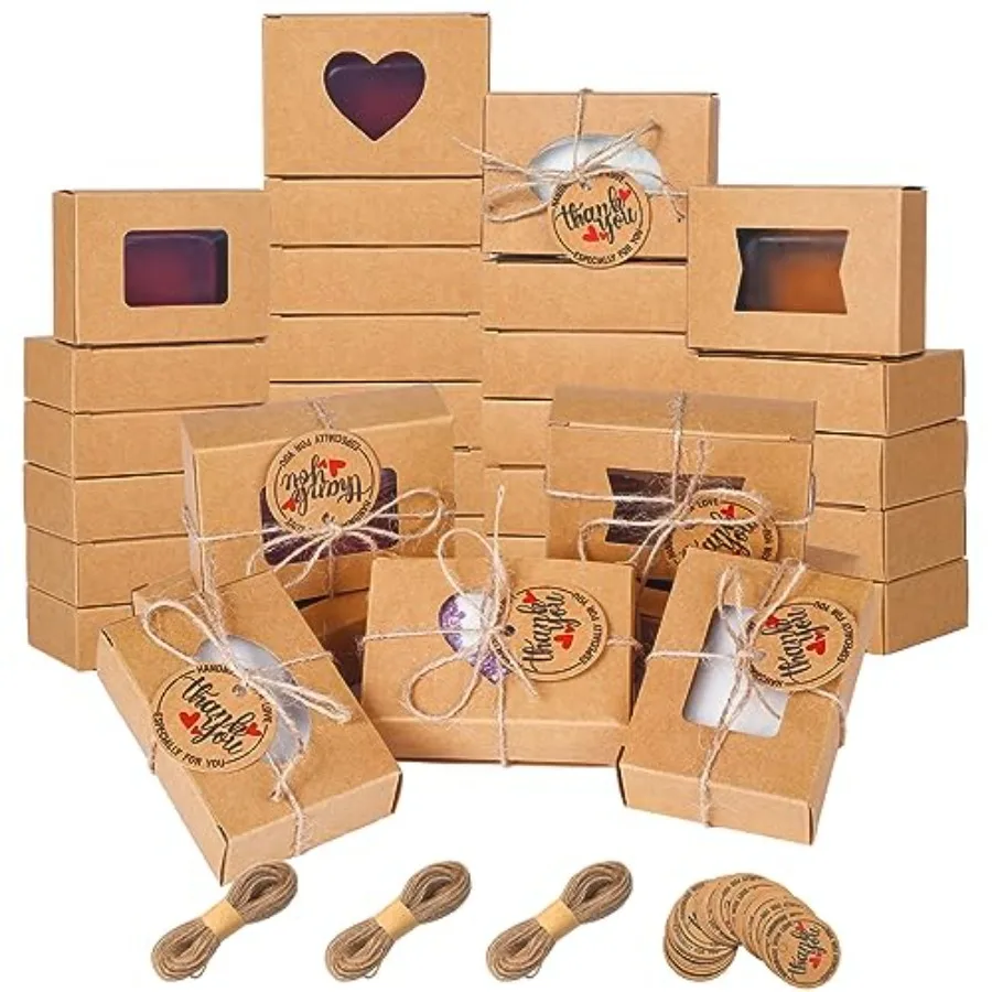 

100 Pcs Soap Boxes for Homemade Soap Boxes Packaging Kraft with Clear Windows 3.9 x 2.8 x 1.2 Inch Empty Making Supplies Presen