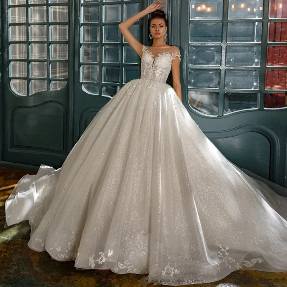 Customzied Exquisite Wedding Dresses Sparkle Tulle Appliques Beadings Cap Sleeve Bride Dress Backless Train Vestido De Novia
