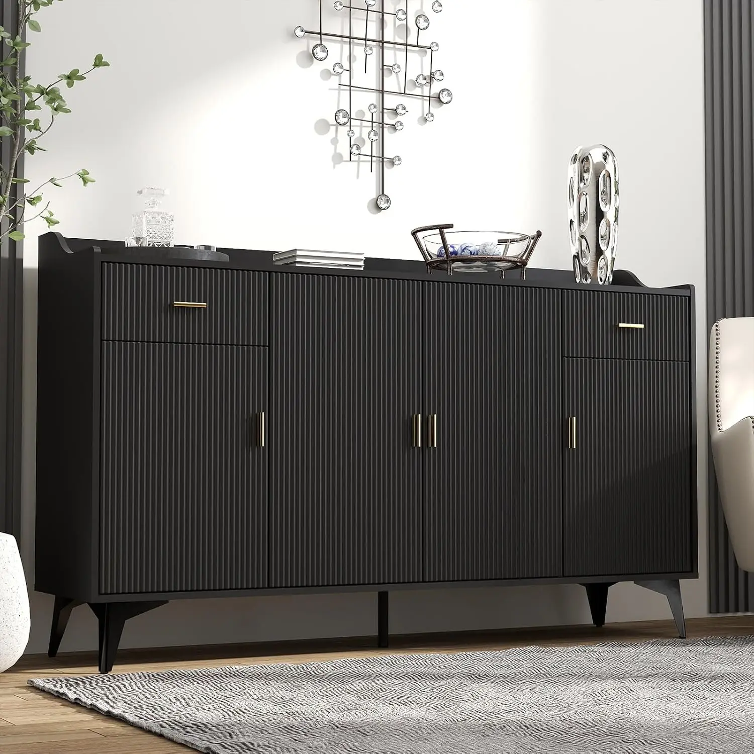 Black Fluted Sideboard Cabinet With 4 Doors, 63 Inch Storage Buffet For Dining Living Room, Customized