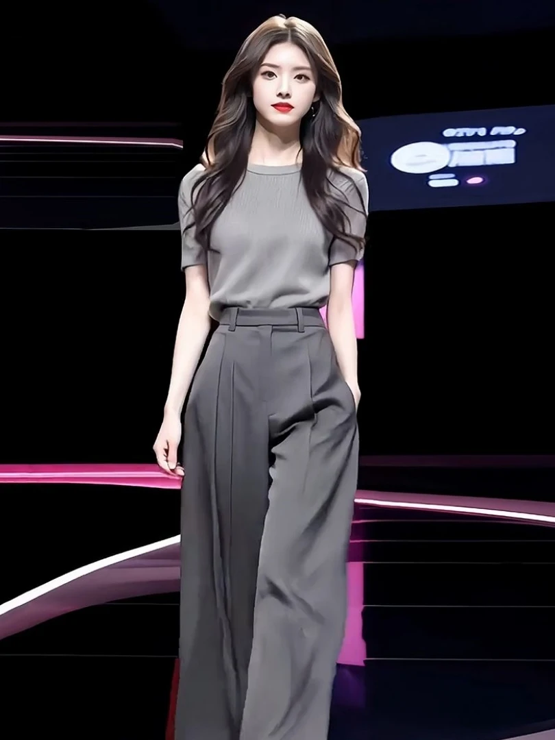 

Faionable Casual ort Sve T-irt High Waist Wide Leg Pants Two Piece Set New 2026 Summer Wear Ele Clete Outfit