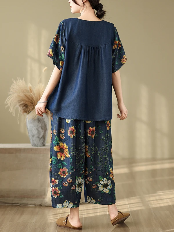 Faionable Silk Denim Print Patchwork ort Sve round Ne T-irt Elastic Waist Nine Points Harlan Pants Two-Piece Set