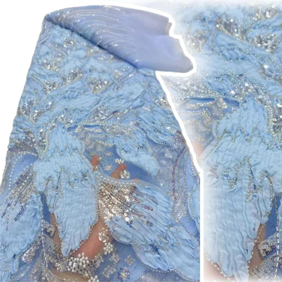 

African Embroidery Beads Lace Fabric 2025 Luxury African Pearl French Tulle Sequins Lace Fabric for Wedding Dress Sewing SZ1752