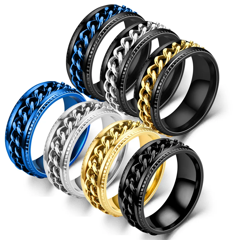 Moda 8mm Spinner pierścień dla mężczyzn kobiety kubański łańcuszek ze stali nierdzewnej Spinner Fidget Band Release niepokój pierścionki biżuteria hurtowych