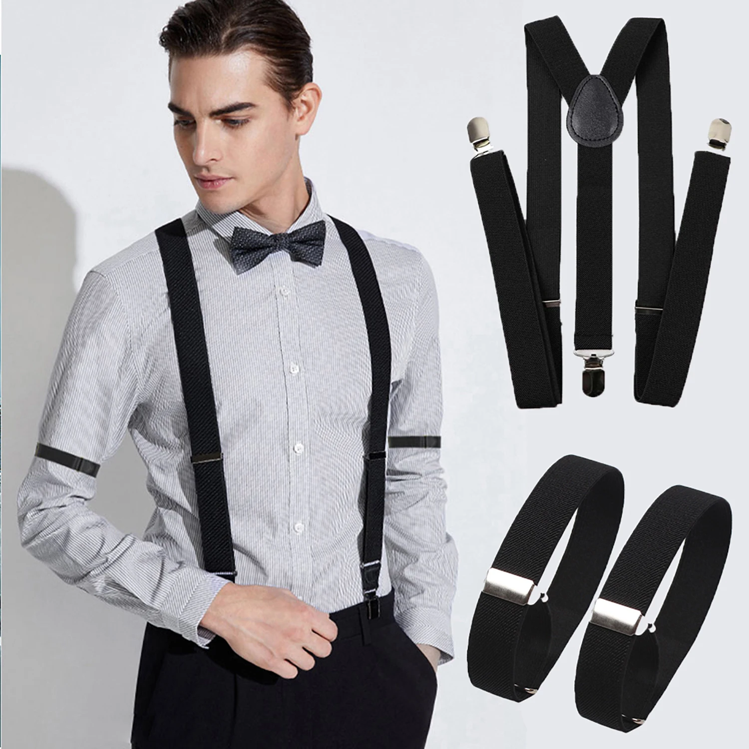 Solid Color Elastic Leather Suspenders Braces Armband Shirt Sleeve Holder Set Men Women Adjustable Straps Suit Accessories Gift