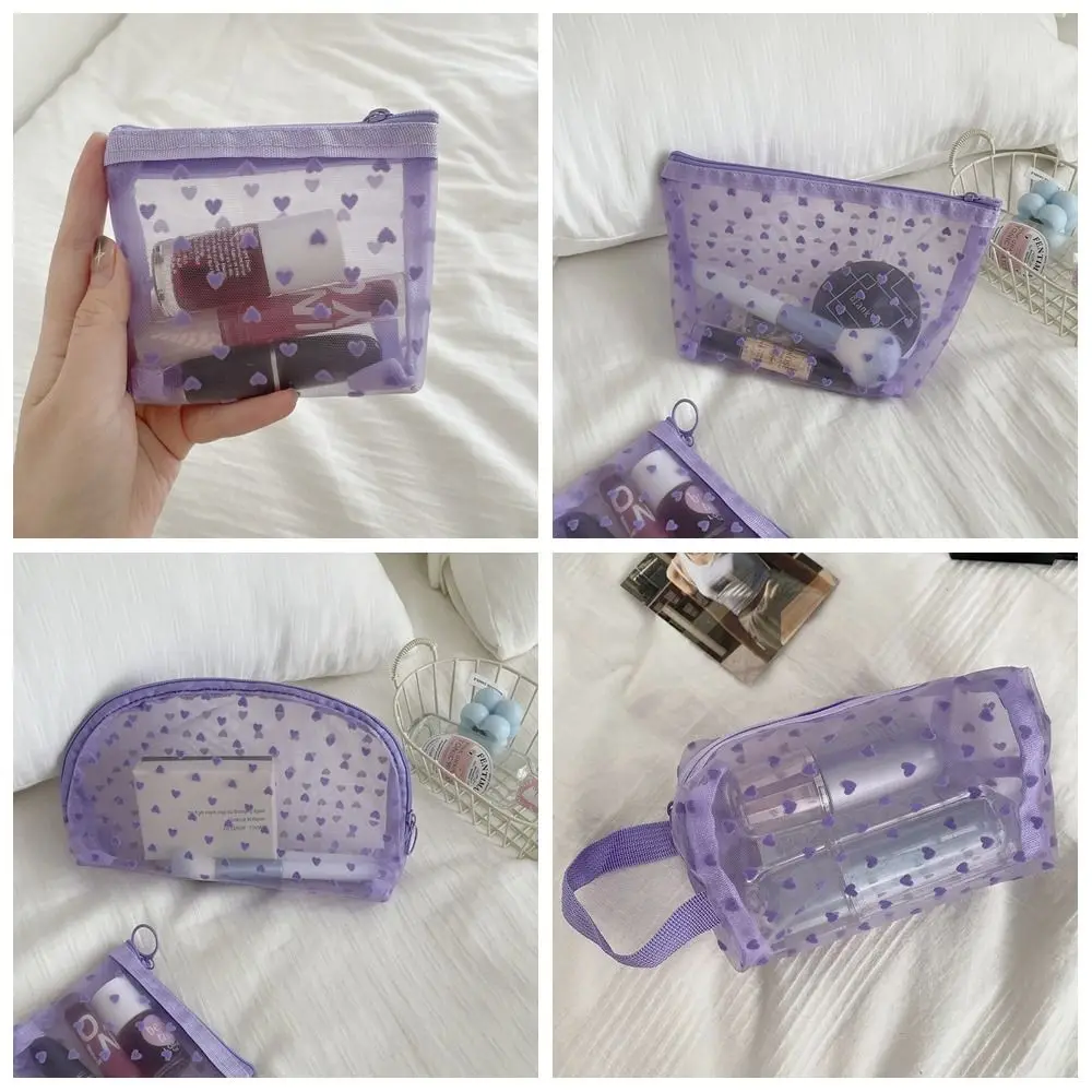 Purple Transparent Mesh Cosmetic Bag Heart Wave Point Make Up Bag Simple Portable Wash Pouch Travel Storage Bag