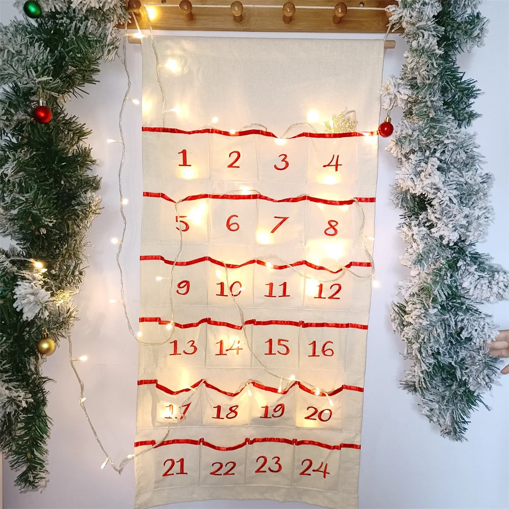 

Custom Christmas Advent Calendar 24 Pocket Canvas Wall Decor Reusable Children's Christmas Countdown Surprise Gift Hanging Bag