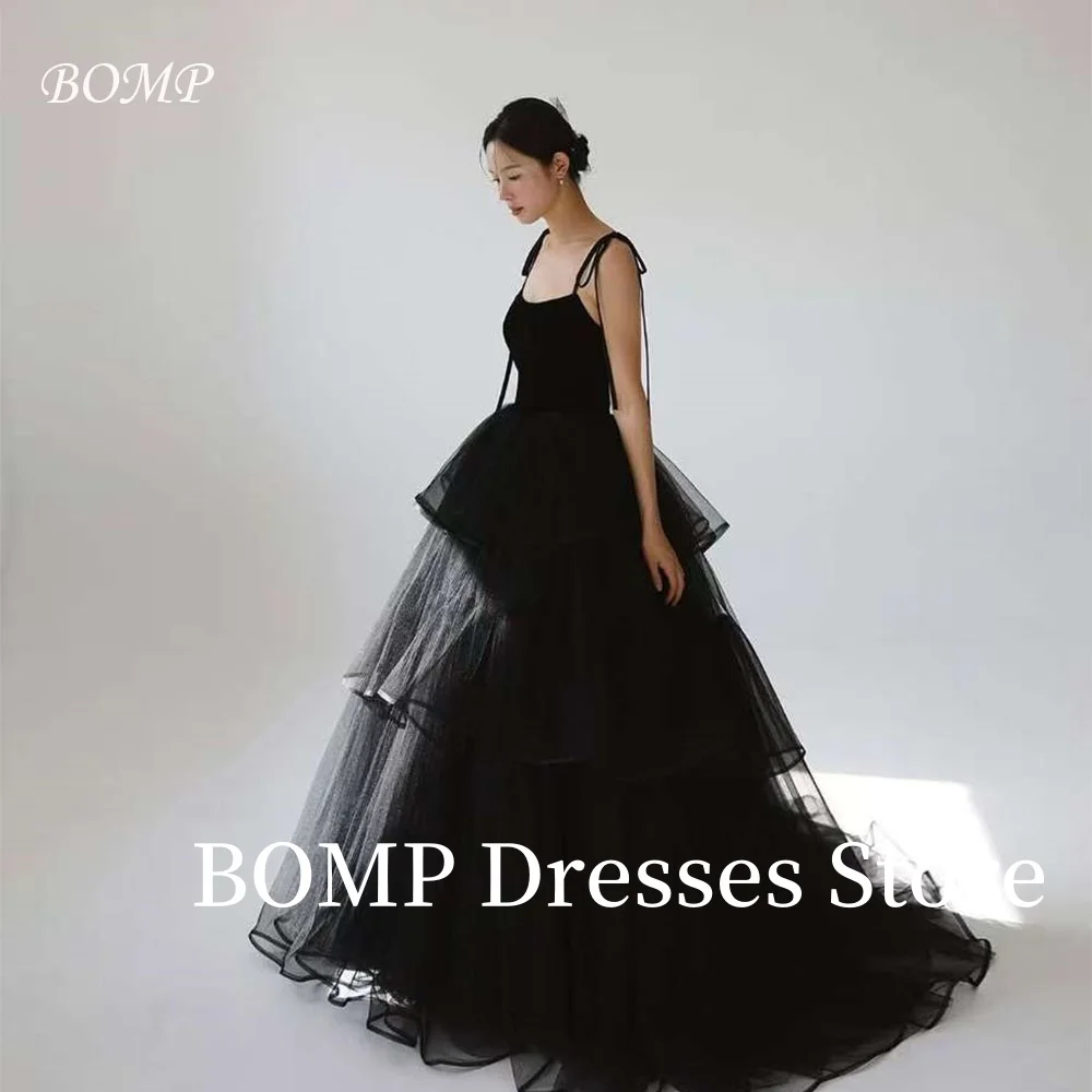 BOMP Elegante abito da cerimonia nuziale nero con cinturino per spaghetti con fiocco A-Line abito da sposa multistrato Servizio fotografico coreano personalizzato
