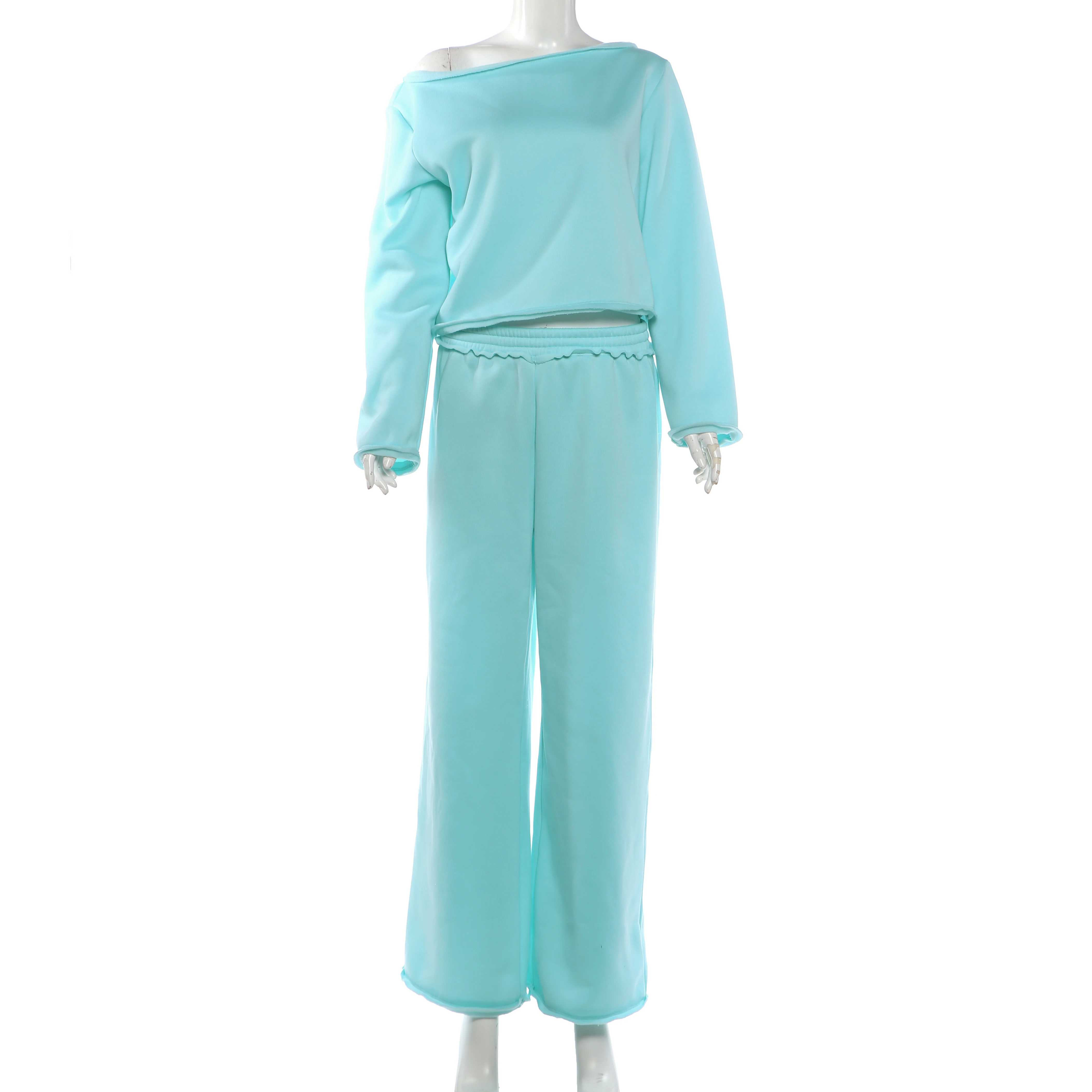 Weird Puss Lässiges, bequemes 2-teiliges Set für Damen, Herbsttrend, schräger Kragen, T-Shirts mit langen Ärmeln + lange Hosen, schlichte Outfits – Detail 3
