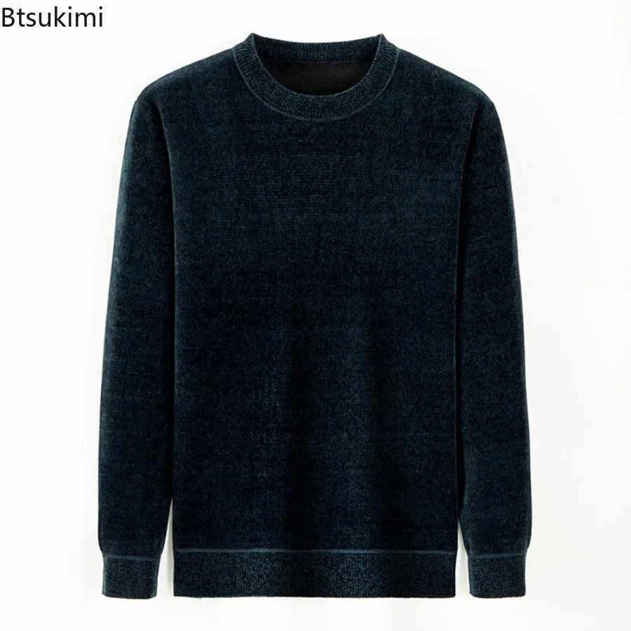 2024 Autumn Winter Men's Warm Boutique Pullover Sweater Casual Loose Bottoming Round Neck Plus Velvet Thick Warm Sweater Male