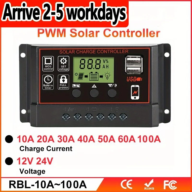 

1pc PWM 100A 90A 80A 70A 60A 40A 30A 20A 10A solar charge and dischargecontroller 12V 24V automatic LCD solar regulator with dua