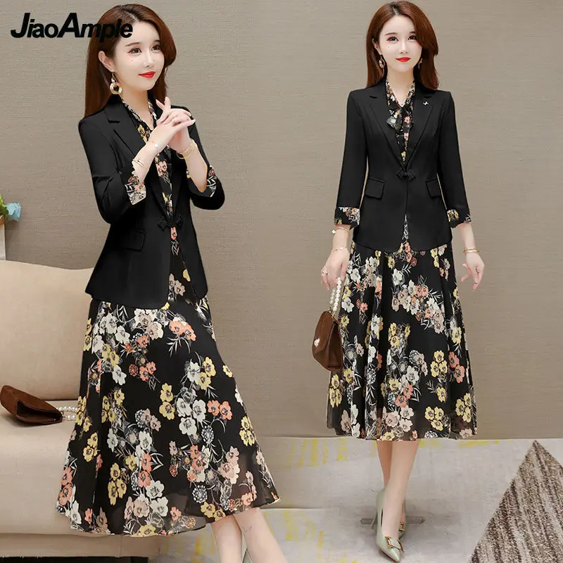 Women's Elegant Suit Jacket Floral Dress Two-piece Korean Casual Blazers Business Dresses Set Female Clothing Midi Skirt Suit