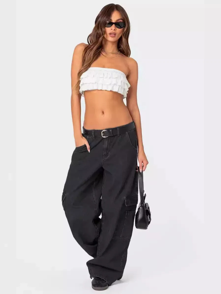 بنطلون عمل أسود مغسول عتيق واسع الساقين طويل حتى الأرض جينز كاجوال بخصر منخفض وسحاب للإغلاق مناسب لموسم الخريف #3