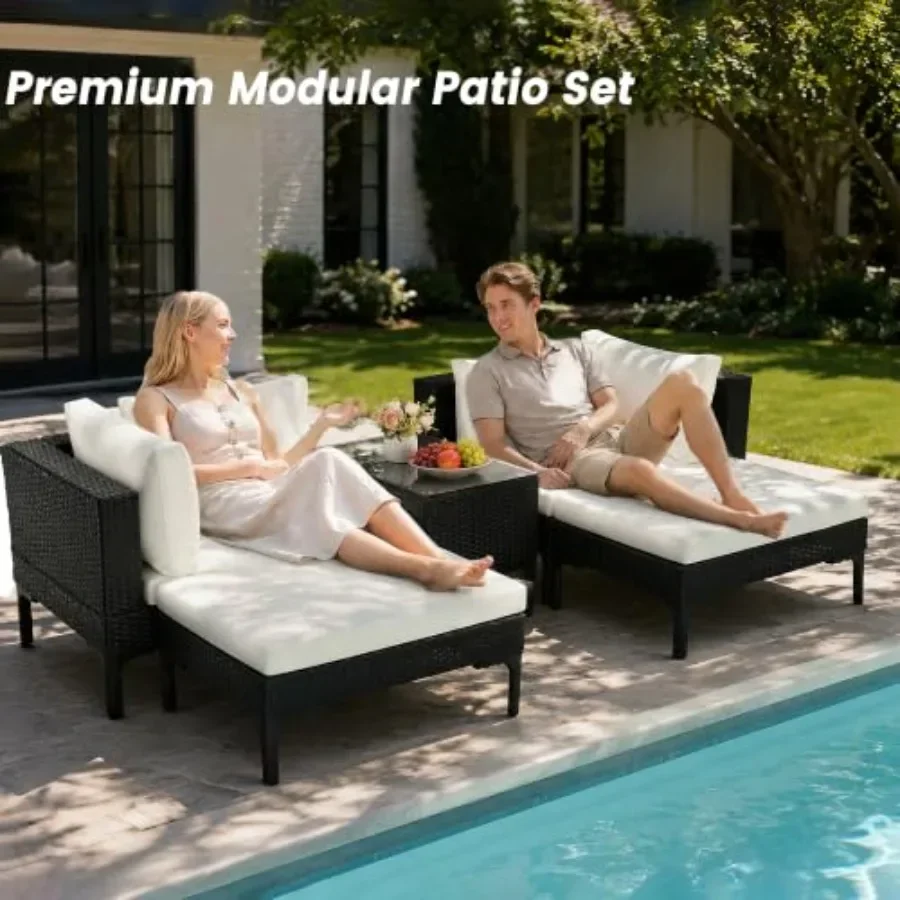 Wicker Patio Conversation Set with Aluminum Frame, 5 Pcs Outdoor Modular Sectional Sofa, Stackable Rattan Furniture for Pool, G