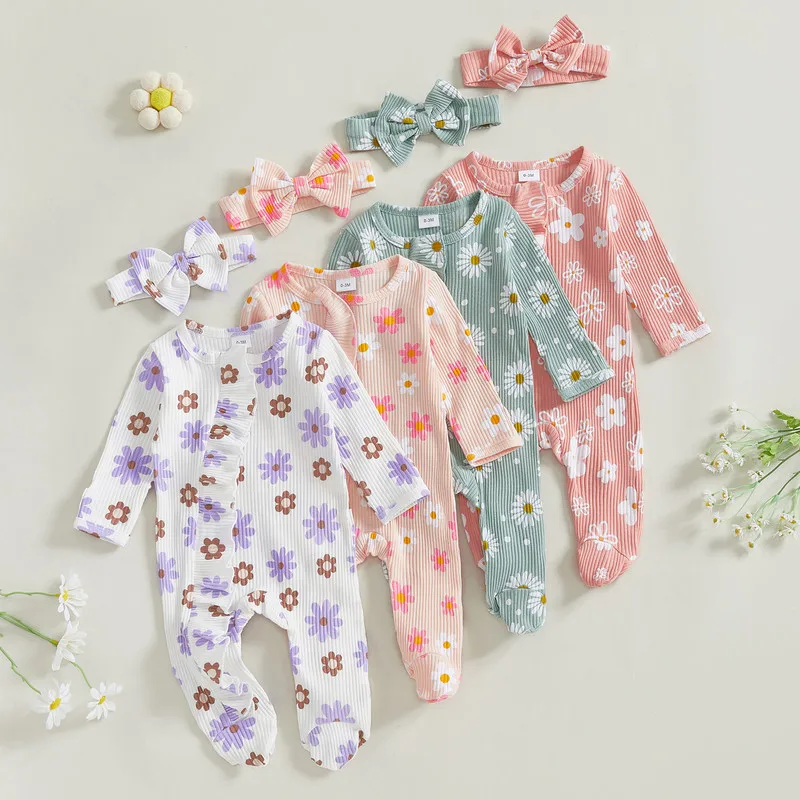 

RUEWEY 0 to 6 Months Baby Girl Romper Spring Autumn Clothes Flower Ruffle Long Sleeve Full Length Footed Ribbed Jumpsuit Bow