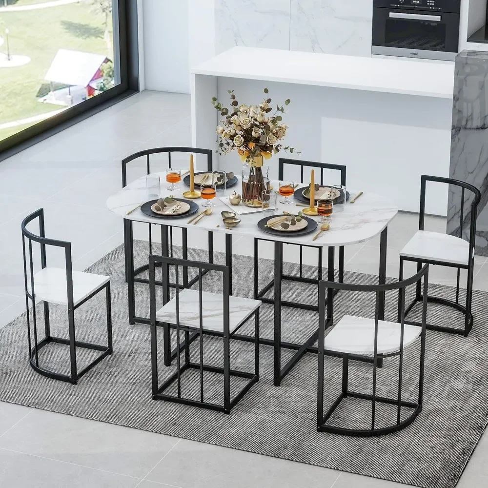 

Modern Dining Table Set for 6: Compact Design with Stylish Faux Marble Top