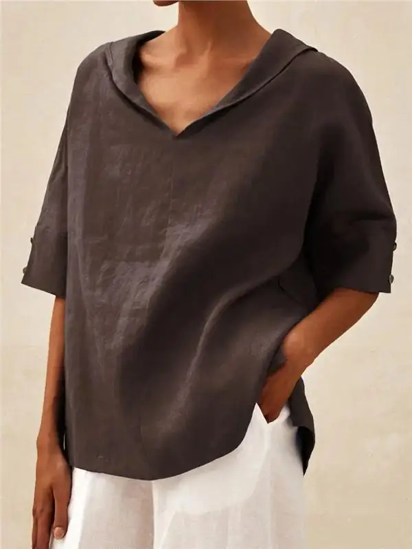 

Folded 2025 New Women's Cross-Border Cotton Linen Loose Hooded Top Pure Color T-irt Commute Sle Button Detail Midi Length
