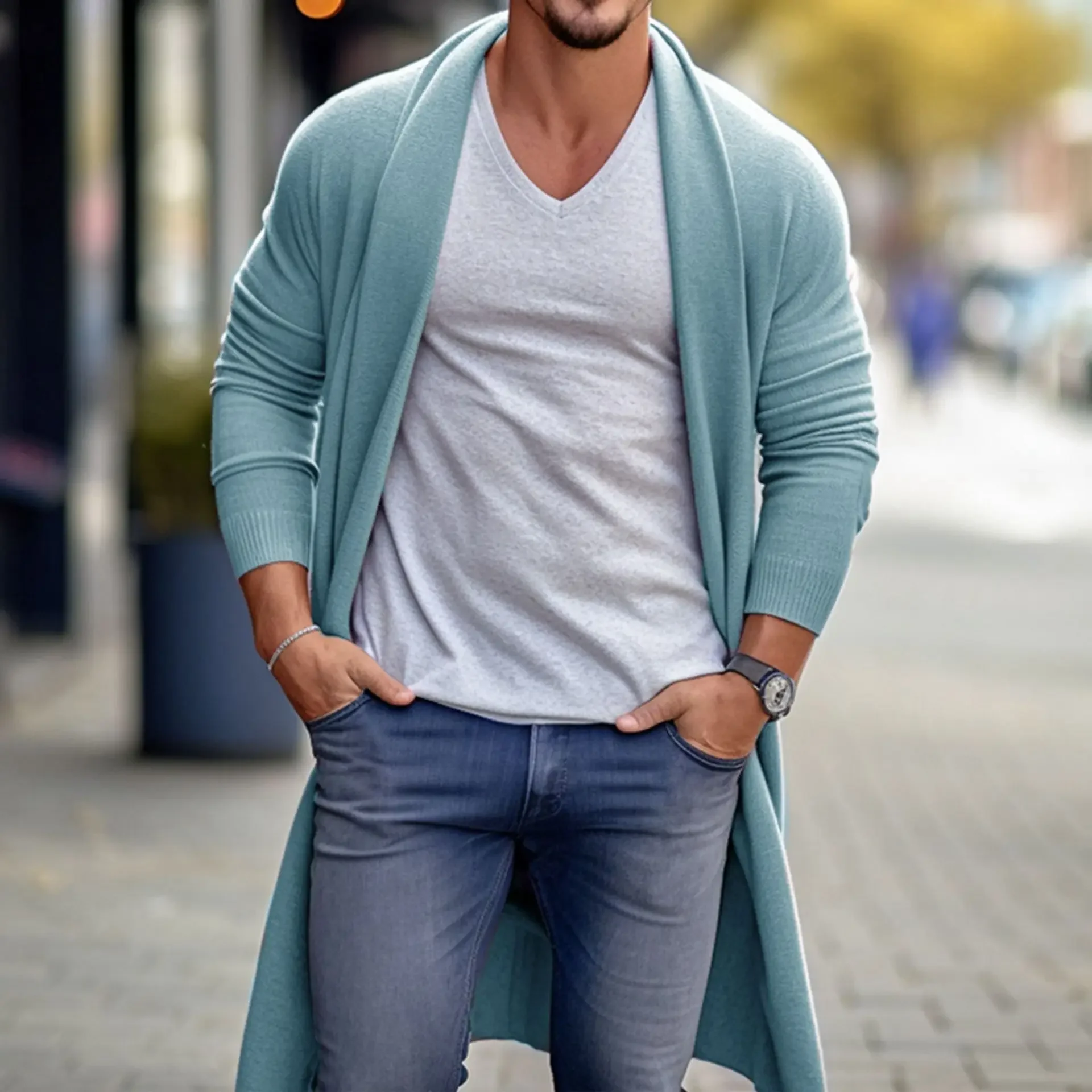 European American Male Fashion Street Knitted Cardigan Spring  Autumn Thin Knit Shirt Men's Sweater Loose Long Woolen Coat