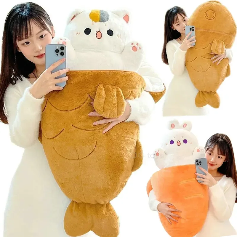 80X45cm Kawaii Taiyaki Cat Plush Toy Rabbit Hiding in  Carrot Dog in Big Bones Ferry Animals Plushie Throw Pillow For Kids Girl