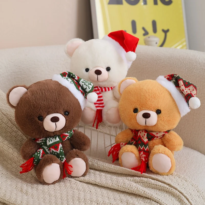 Série Natal Brinquedos Peluches, Lovely Bear Wear, Chapéu de Natal, Bichos de Pelúcia, 3 Cores, Boneca de Pelúcia, Decoração de Natal, 23cm