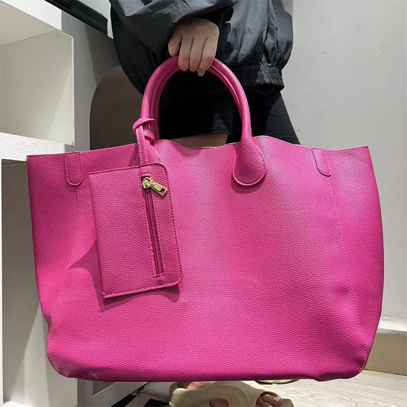 

Rose Red Large Capacity Handbag Fashion Brand Women High-end Travel Bag Luxury Designer New Genuine Leather Tote With Small Bag