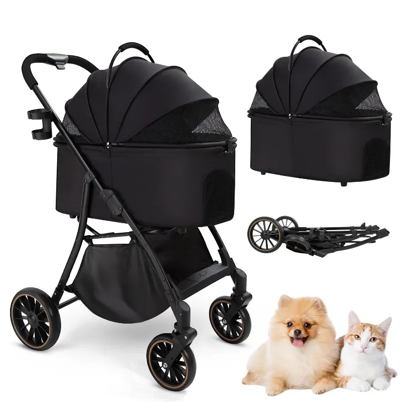 

3 in 1 Folding Pet Stroller Dog Stroller for Small/Medium Dogs Cat Stroller with Cup Holder Storage Basket with Removable