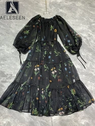 AELESEEN Runway Fashion Black Dress Women Summer Half Lantern Sleeve Hollow Floral Print Loose Slash Neck Ethnic Retro Party