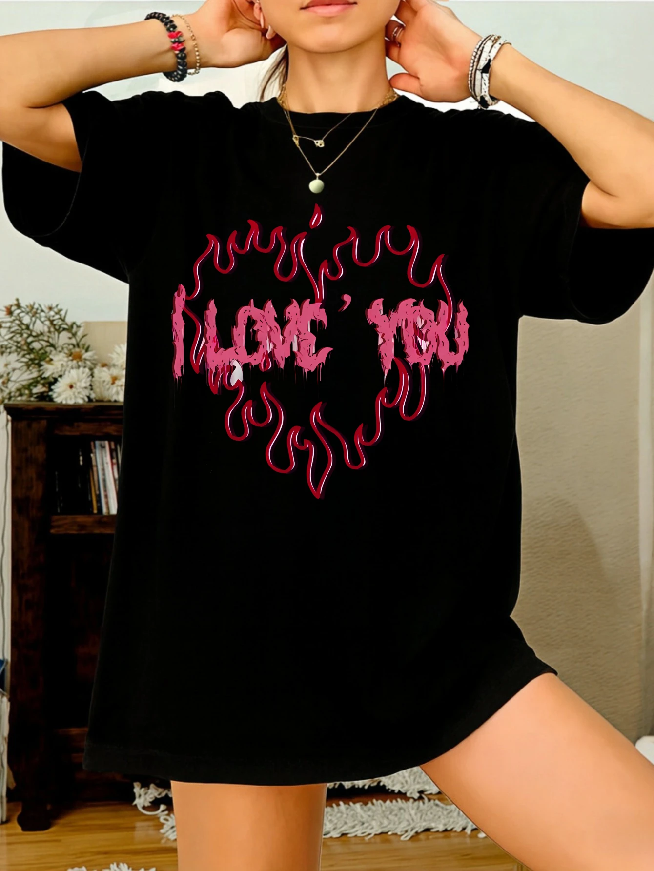 

Womens Oversized Cotton Short Sleeve T Shirt, Love You Heart Print Cute Graphic Tee, Casual Summer Daily Wear Gift for Her