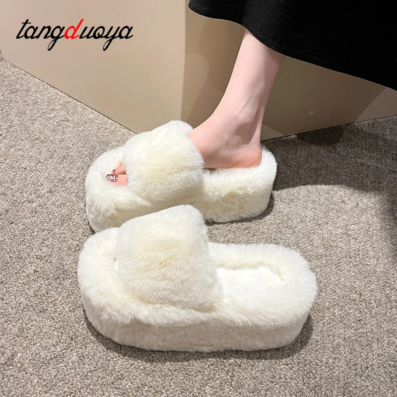 Chunky Platform Fur Slippers Women Autumn Thick Bottom Furry Outdoor Slippers Woman Short Plush Designer Shoes