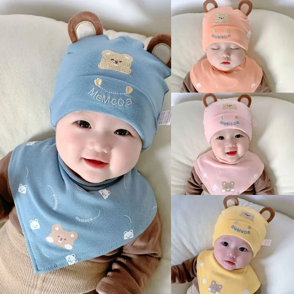 Set Syal Beanie Katun Kartun Pelindung Telinga Topi Salju Hangat Musim Dingin Syal Segitiga Topi Tebal Anak Laki-laki Perempuan Bayi