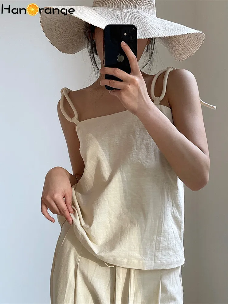

HanOrange 2026 Summer Adjustable Rope Knot Shoulder Strap Camisole Loose Camis Women's Thin Top Female Green/Beige