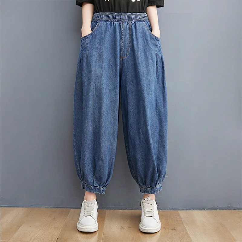 

Elastic Waist Denim Bloomers Women's Spring Summer 2024 New Fashion Casual Leggings Loose Literary Harem Pants 9 Cropped Jeans