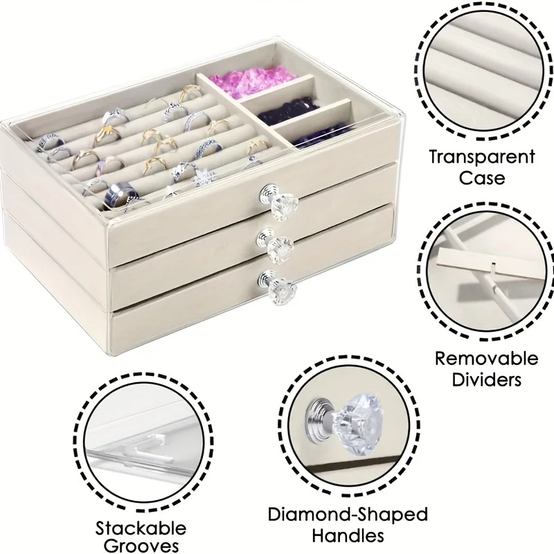 

Акриловый бархатный органайзер для ювелирных изделий для женщин, 3 ящика, штабелируемый дисплей для хранения серег, ожерелье, браслеты, коробка-держатель, чехол