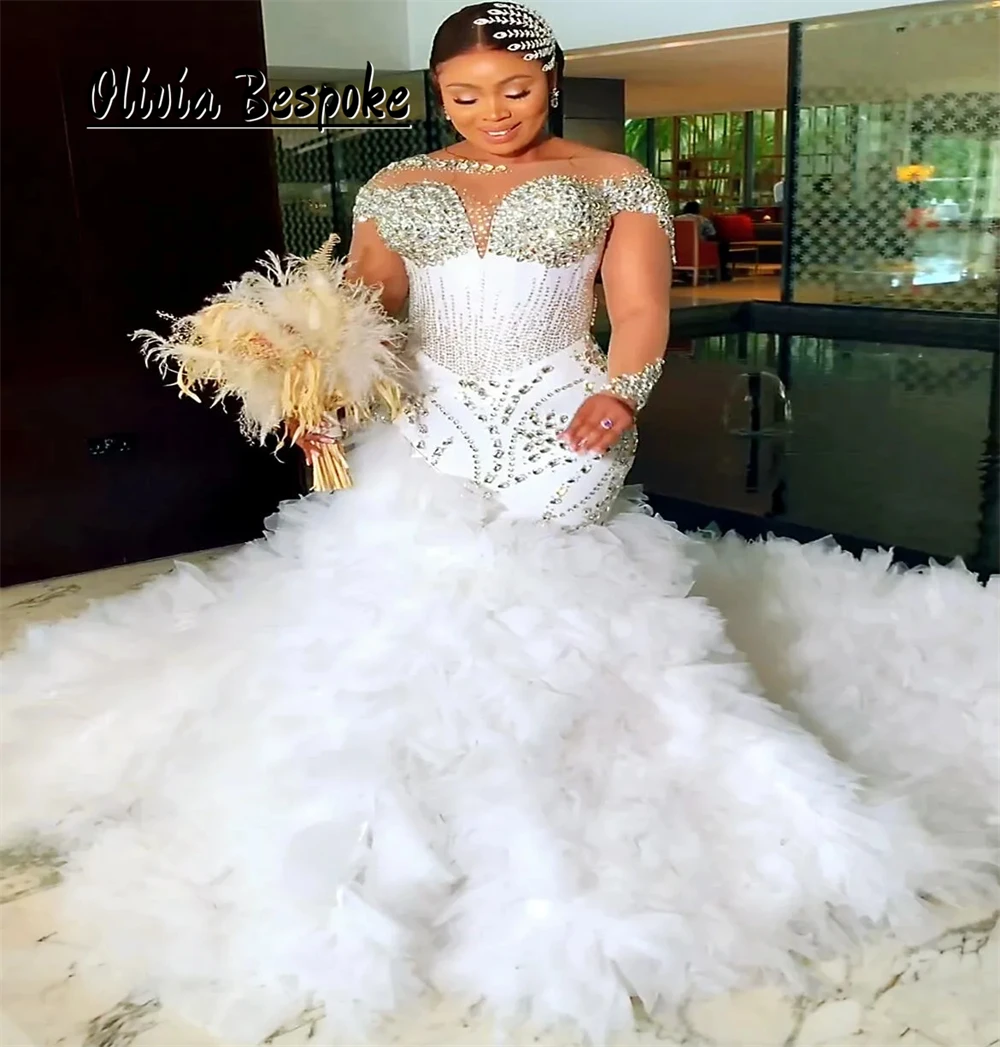 

Long Sleeves Aso Ebi Mermaid Wedding Dress 2025 Luxury For Brides Crystals Ruched Train Bridal Gown African Plus Size Customized